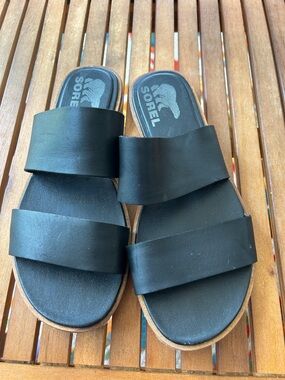 Sorel Black Double-Band Slide Sandals Women’s 6.5 Simple Summer Flats Minimalist